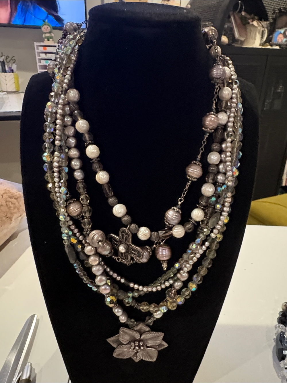 Multi-Strand Gray Pearl & Crystal Statement Necklace
